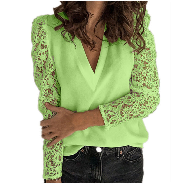 Women V-neck Lace Hollow Out Blouse Patchwork Long Sleeve White