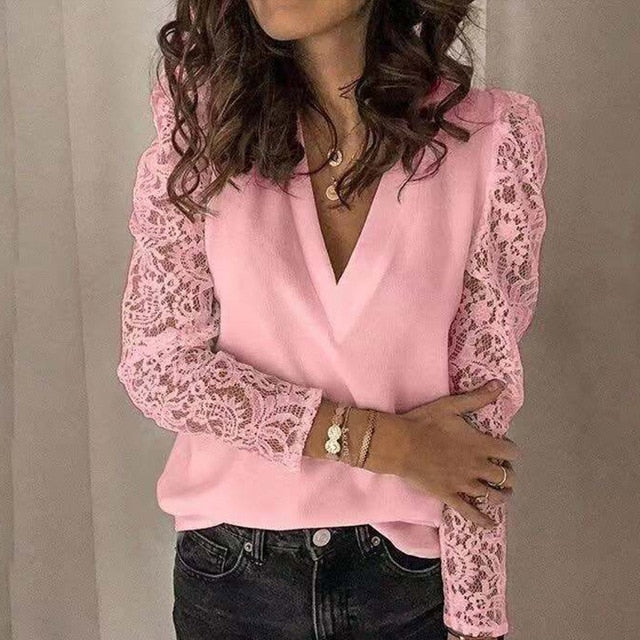 Women V-neck Lace Hollow Out Blouse Patchwork Long Sleeve White