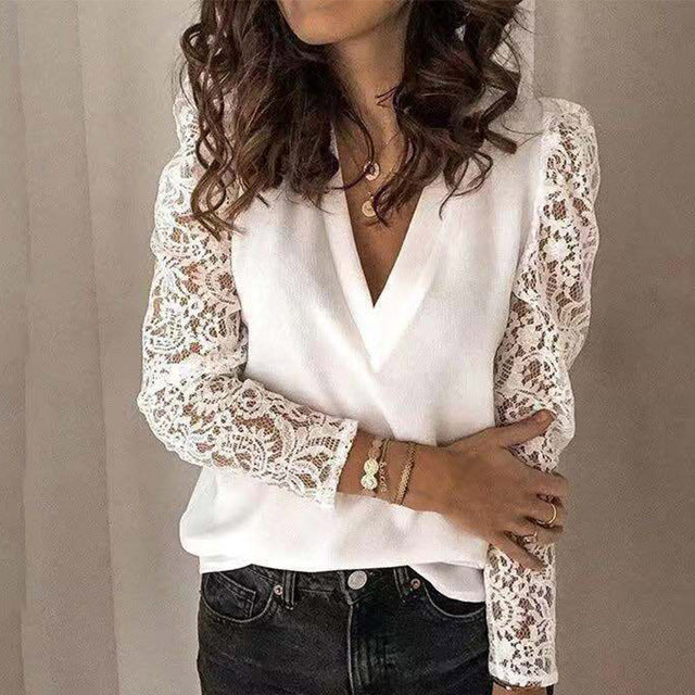 Women V-neck Lace Hollow Out Blouse Patchwork Long Sleeve White