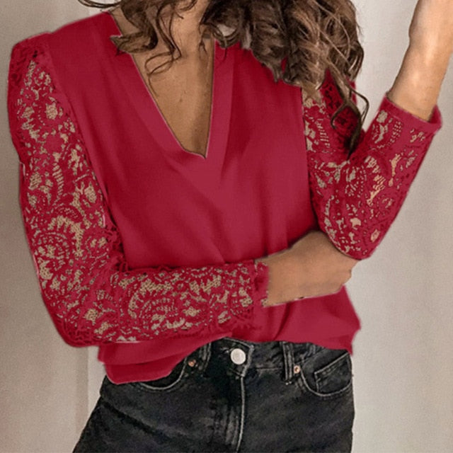 Women V-neck Lace Hollow Out Blouse Patchwork Long Sleeve White