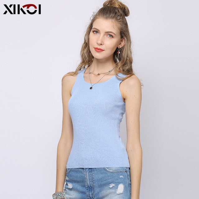 yarn camisole female summer solid knitted round collar vest large size